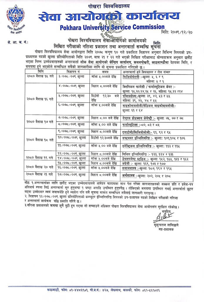 Service Commission Office written exam result publication and Interview 1 Pokhara University Notice