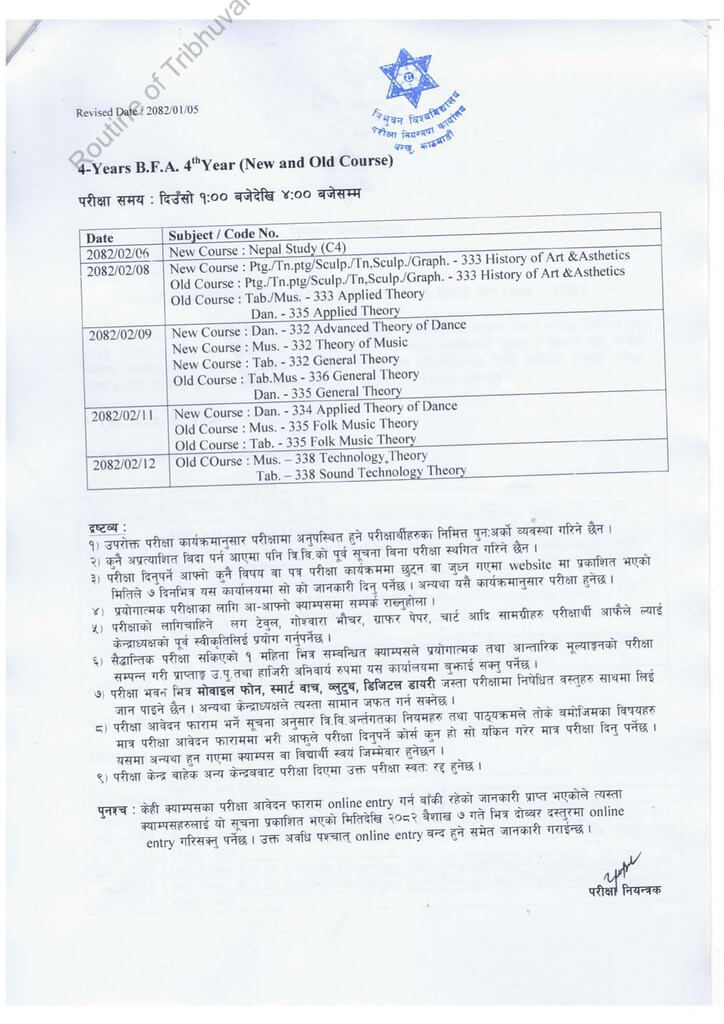 Exam Schedule of BFA 4th year - 2081 TU 1 exam routine of bfa